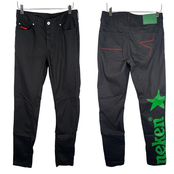 Heineken Men's High Rise Slim Fit Pants S Black Button Fly Stretch